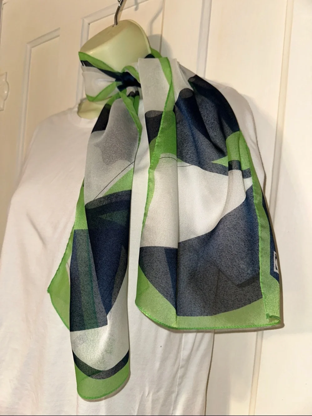 Vintage Green, Navy Blue & White Geometric Pattern Polyester‎ Long Scarf
